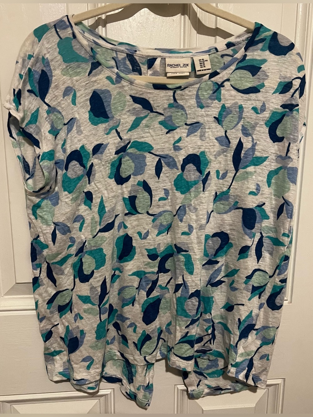 Rachel Zoe Women’s Blue Floral 100% Linen Cap Sleeve Top Size XL  Lightweight